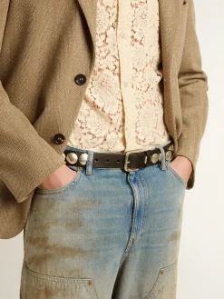 Best Golden Goose Cinto Trinidad preto de couro lavado com tachas Material principal: 100% couro bovino