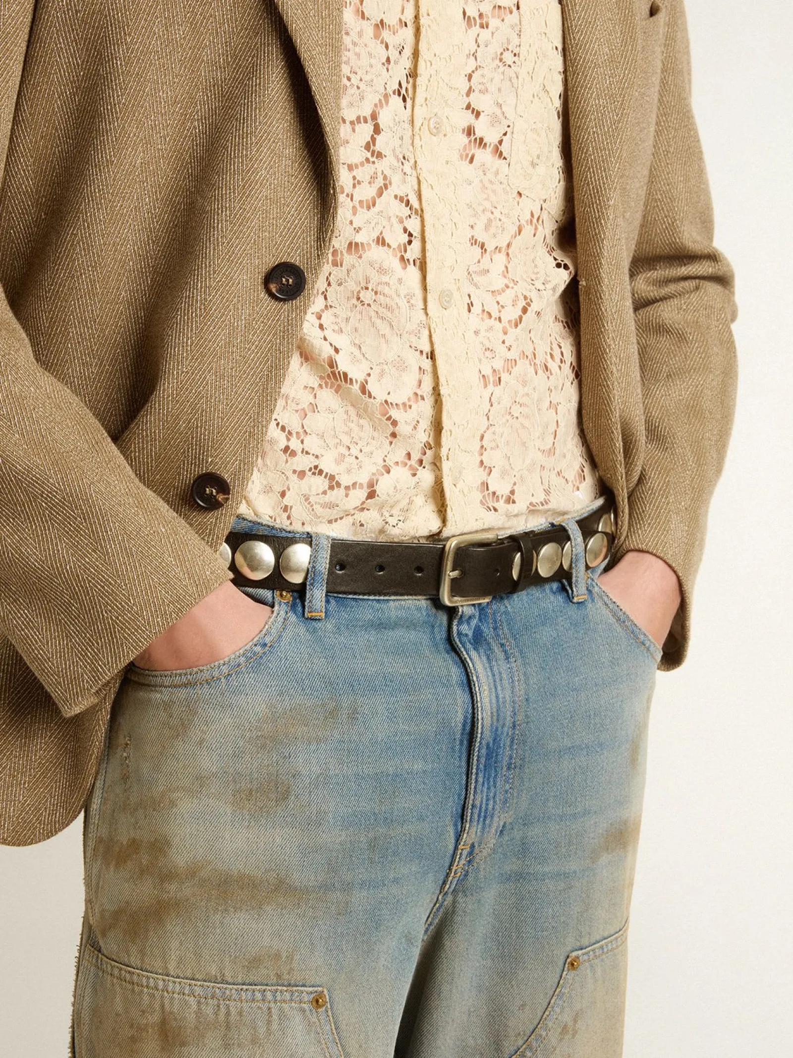 Best Golden Goose Cinto Trinidad preto de couro lavado com tachas Material principal: 100% couro bovino
