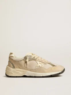 Best Sale Golden Goose Dad-Star de tela e suede perolado com estrela e talão de couro platinado Cabedal de tela e suede perolado