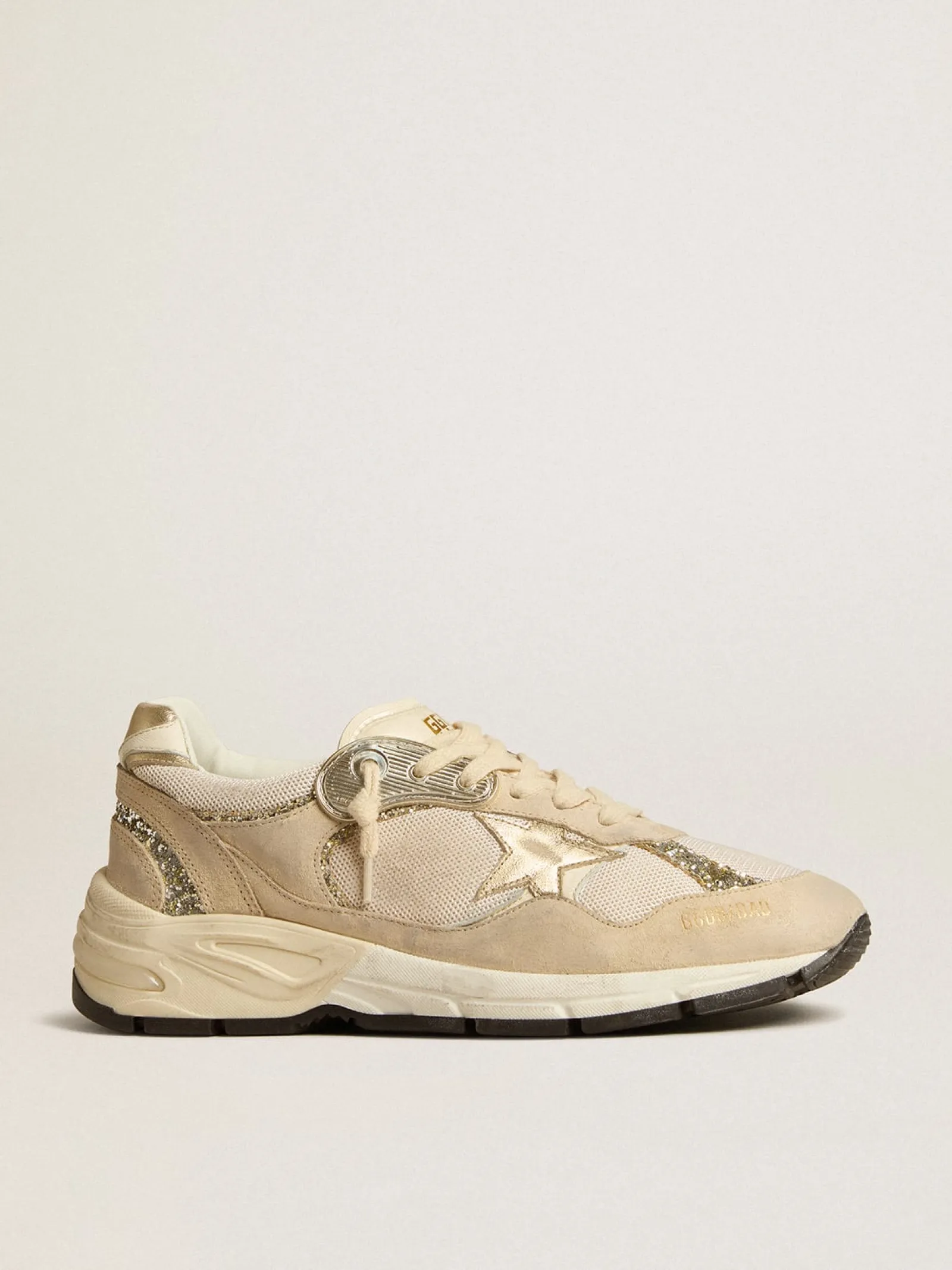Best Sale Golden Goose Dad-Star de tela e suede perolado com estrela e talão de couro platinado Cabedal de tela e suede perolado