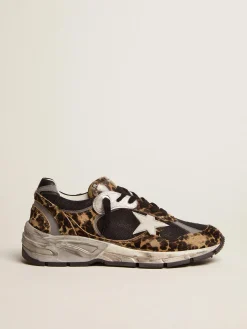 Flash Sale Golden Goose Dad-Star feminino de cavalinho leopardo e estrela branca Cabedal de couro cavalinho com estampa de leopardo e tela preta