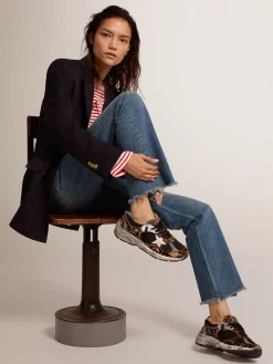 Flash Sale Golden Goose Dad-Star feminino de cavalinho leopardo e estrela branca Cabedal de couro cavalinho com estampa de leopardo e tela preta