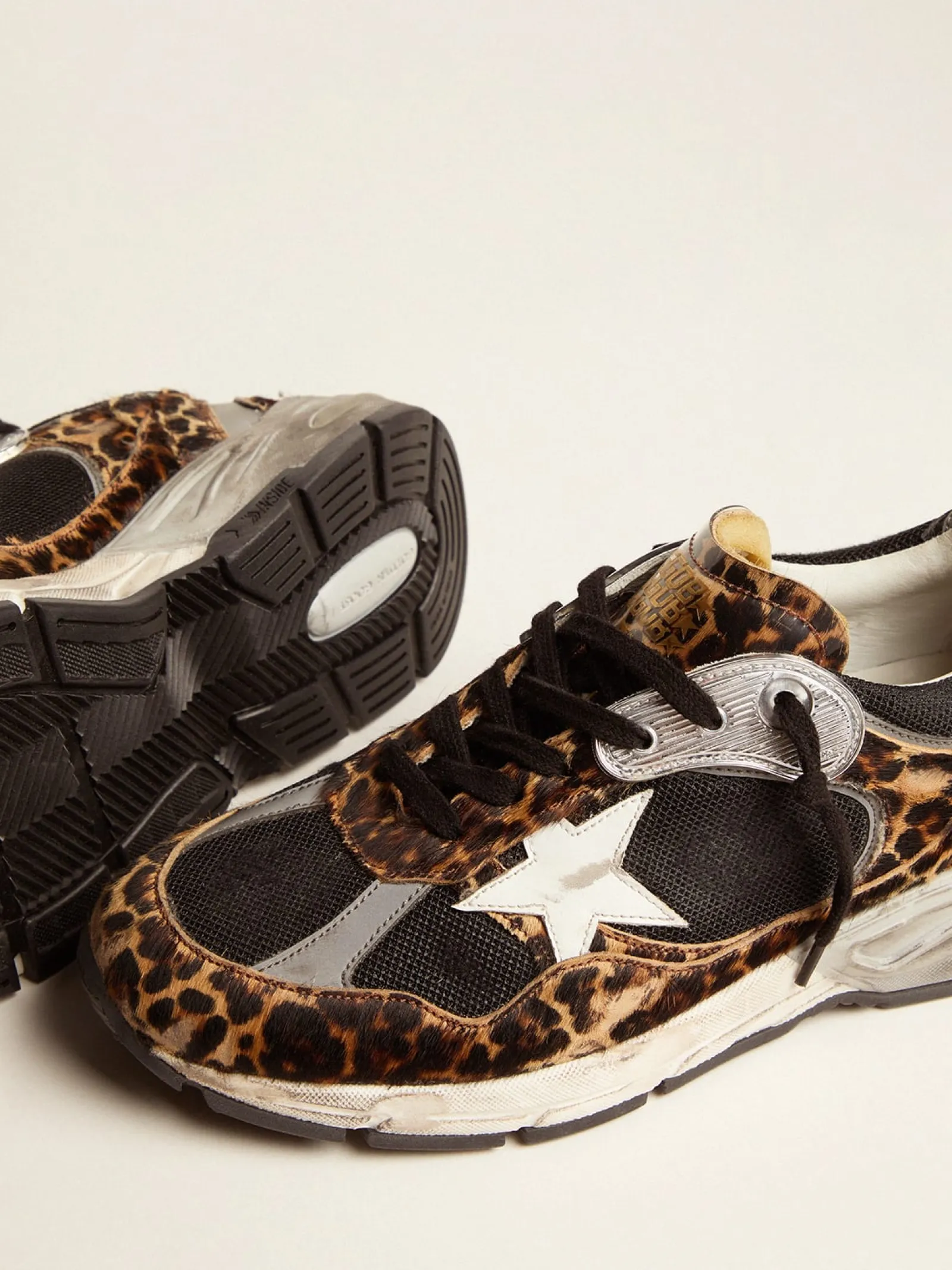 Flash Sale Golden Goose Dad-Star feminino de cavalinho leopardo e estrela branca Cabedal de couro cavalinho com estampa de leopardo e tela preta