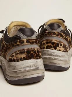 Flash Sale Golden Goose Dad-Star feminino de cavalinho leopardo e estrela branca Cabedal de couro cavalinho com estampa de leopardo e tela preta
