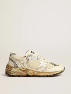 Cheap Golden Goose Dad-Star Feminino de náilon e napa bege, estrela de couro branco Cabedal de náilon e napa brancos