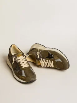 New Golden Goose Dad-Star Feminino de suede e tela com estrela e talão de couro preto Cabedal de suede e tela verde militar com inserções de tecido refletivo