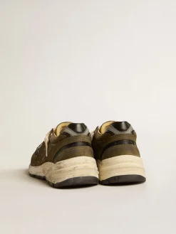 New Golden Goose Dad-Star Feminino de suede e tela com estrela e talão de couro preto Cabedal de suede e tela verde militar com inserções de tecido refletivo