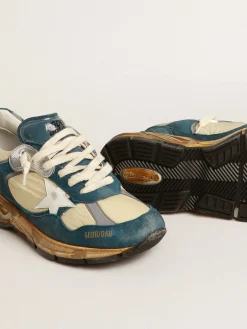 Fashion Golden Goose Dad-Star Feminino de suede azul petróleo, estrela de couro branco Cabedal de suede azul petróleo e náilon bege