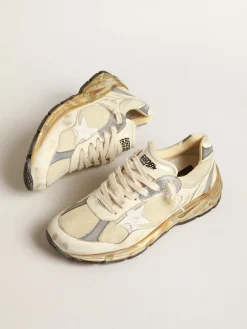 Cheap Golden Goose Dad-Star Masculino de náilon e napa bege, estrela de couro branco Cabedal de náilon e napa brancos