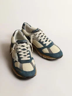 Outlet Golden Goose Dad-Star Masculino de suede azul petróleo, estrela de couro branco Cabedal de suede azul petróleo e náilon bege