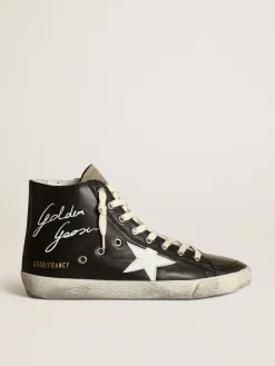 Best Sale Golden Goose Francis feminino de napa preta com estrela de couro branco Cabedal de napa preta