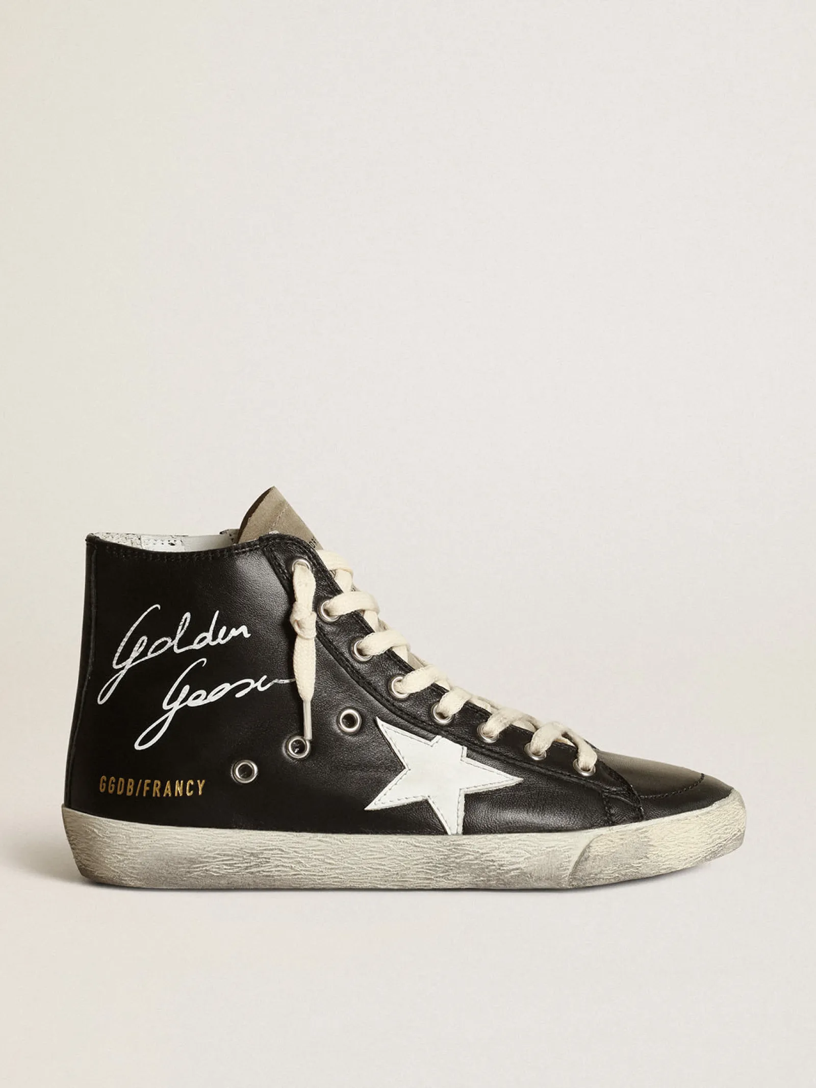 Best Sale Golden Goose Francis feminino de napa preta com estrela de couro branco Cabedal de napa preta