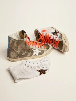 Fashion Golden Goose Francy LAB masculino com estampa camuflada e lona sobreposta Cabedal com estampa camuflada e camada de lona branca sobreposta