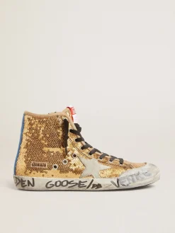 Discount Golden Goose Francy Penstar de glitter dourado com estrela de suede e talão azul Cabedal de glitter dourado