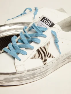 Best Sale Golden Goose Hi Star com estrela de cavalinho com estampa de zebra e talão de glitter Cor: branco