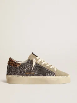 Clearance Golden Goose Hi Star de glitter cinza escuro com estrela de couro preto Cabedal de glitter cinza escuro