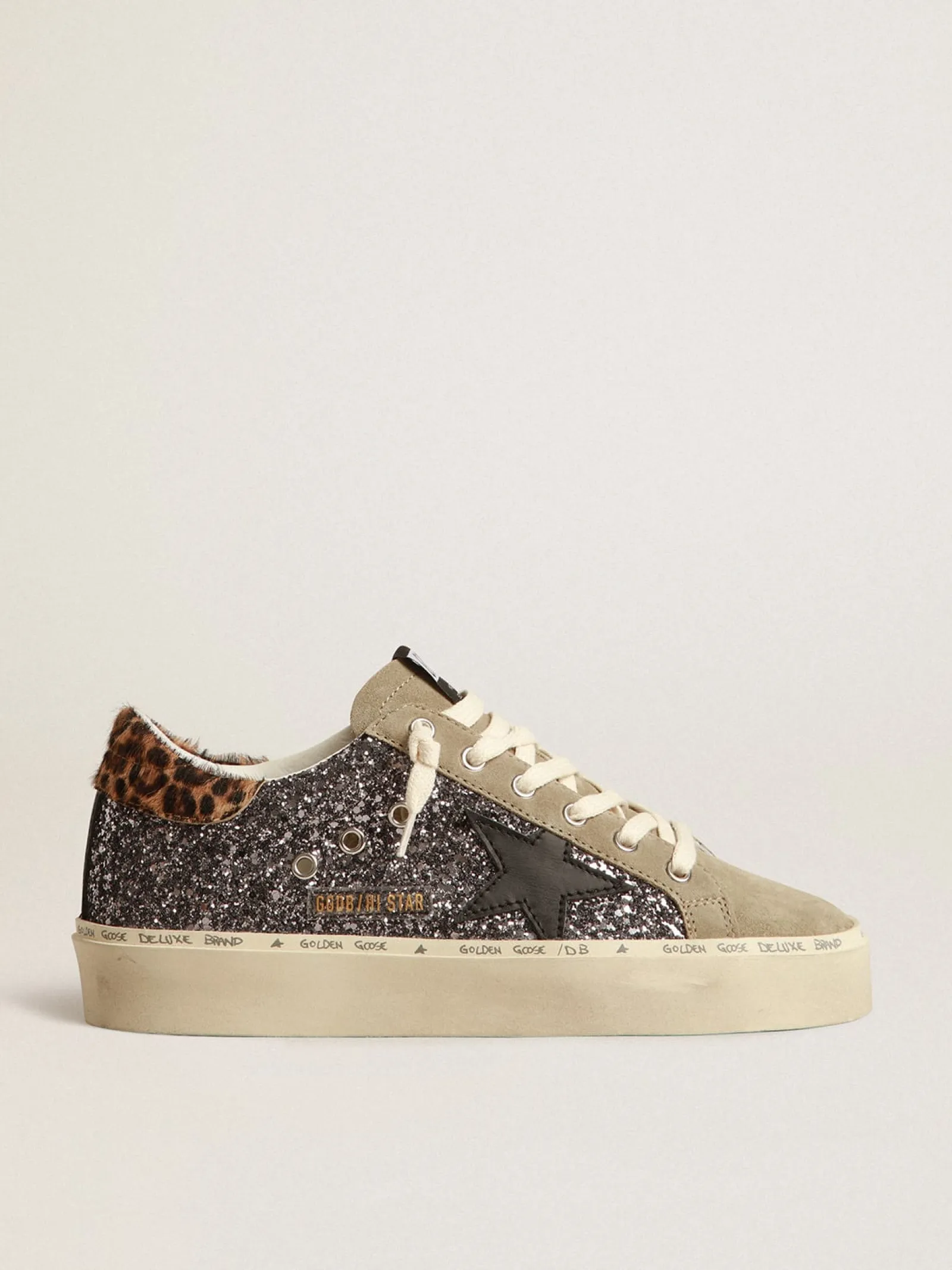 Clearance Golden Goose Hi Star de glitter cinza escuro com estrela de couro preto Cabedal de glitter cinza escuro