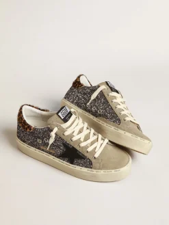 Clearance Golden Goose Hi Star de glitter cinza escuro com estrela de couro preto Cabedal de glitter cinza escuro