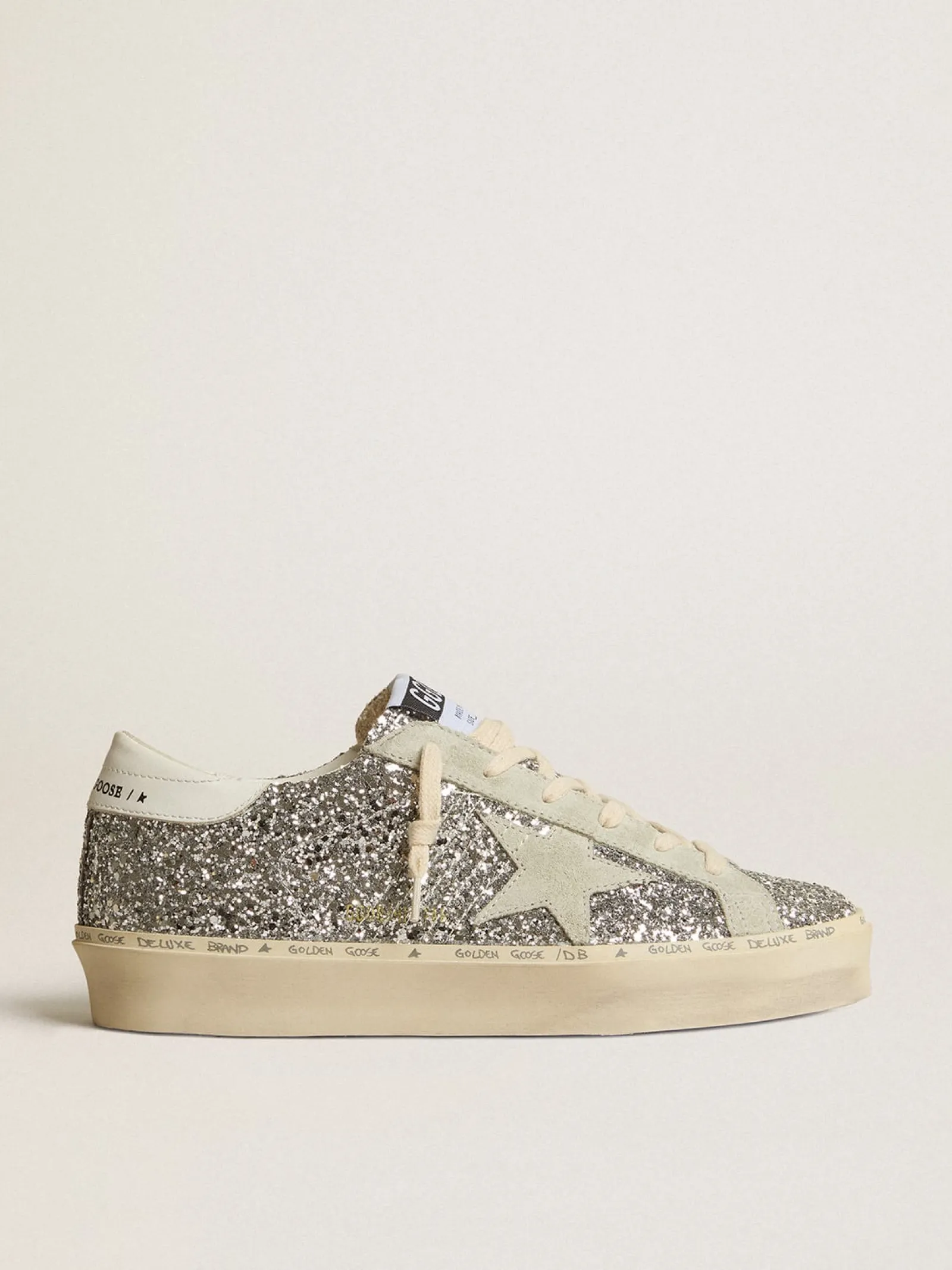 Sale Golden Goose Hi Star de glitter prateado com estrela de suede e talão branco Cabedal de glitter prateado