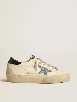 Hot Golden Goose Hi Star de napa com estrela de cristais e talão de couro azul-escuro Cabedal de napa branca