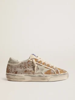 Best Sale Golden Goose Hi Star de tecido jacquard bronze com estrela de suede gelo Cabedal de tecido jacquard cor de bronze com efeito desgastado