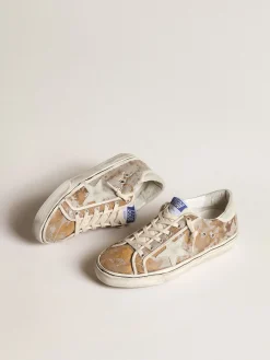 Best Sale Golden Goose Hi Star de tecido jacquard bronze com estrela de suede gelo Cabedal de tecido jacquard cor de bronze com efeito desgastado