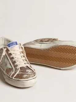 Best Sale Golden Goose Hi Star de tecido jacquard bronze com estrela de suede gelo Cabedal de tecido jacquard cor de bronze com efeito desgastado