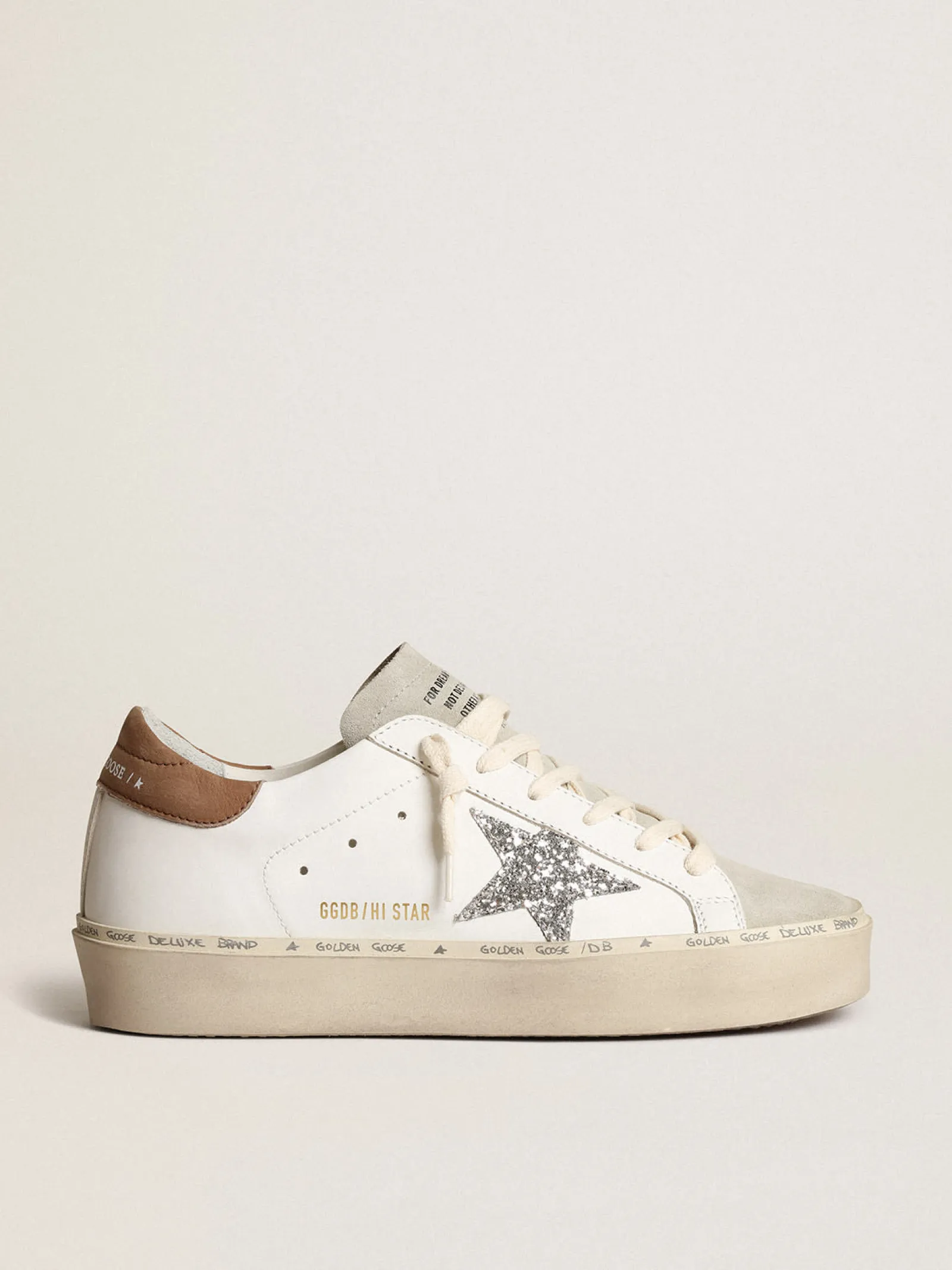 Shop Golden Goose Hi Star, estrela de glitter prateado e talão nubuk havana-rosado Cor: branco