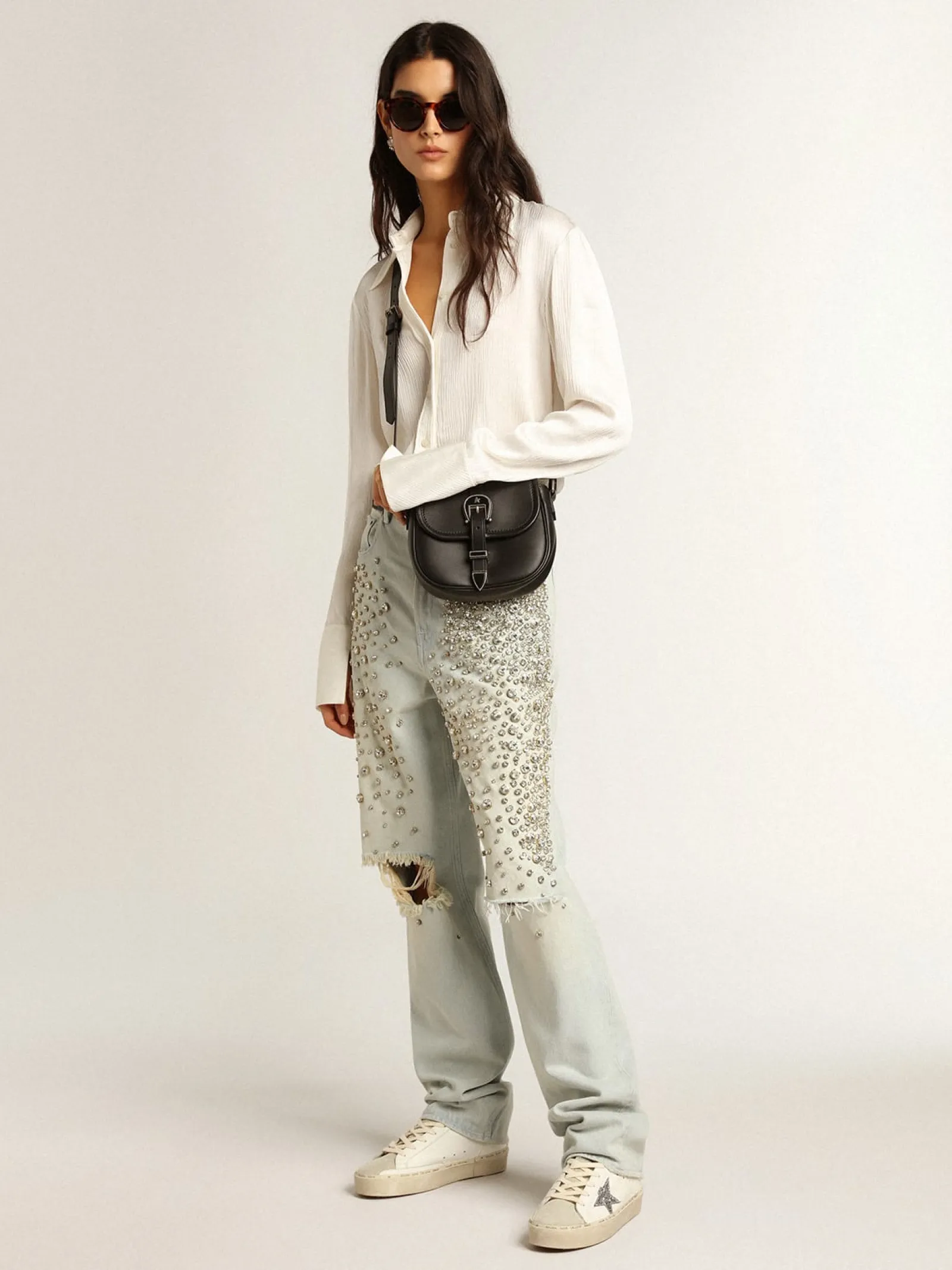 Shop Golden Goose Hi Star, estrela de glitter prateado e talão nubuk havana-rosado Cor: branco