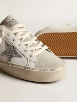 Shop Golden Goose Hi Star, estrela de glitter prateado e talão nubuk havana-rosado Cor: branco