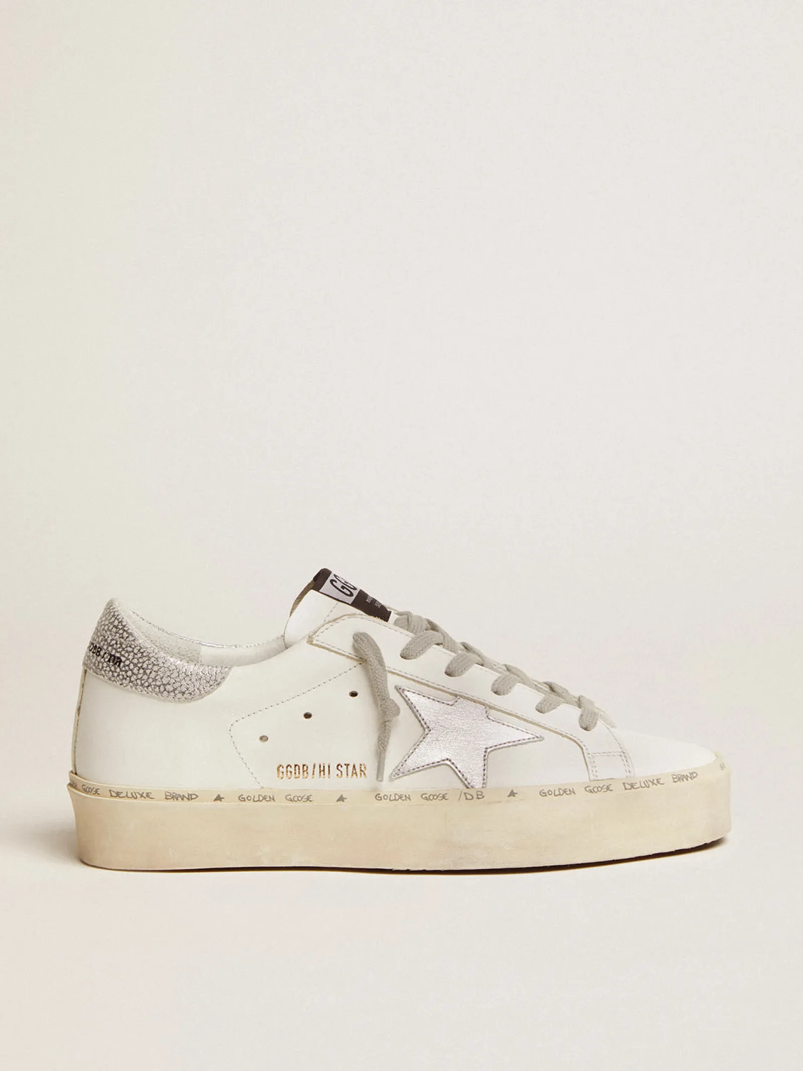 Cheap Golden Goose Hi Star feminino com estrela e talão metálico prateado Material principal: 95% couro bovino, 5% couro de cabra