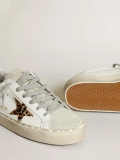 Cheap Golden Goose Hi Star feminino com estrela de cavalinho leopardo e talão prateado Cor: branco