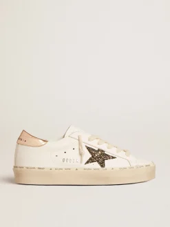 New Golden Goose Hi Star LTD com estrela de glitter preto e dourado e talão dourado Cor: branco