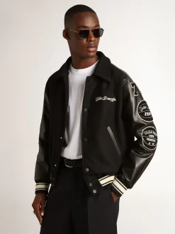Fashion Golden Goose Jaqueta bomber de lã preta com patch Golden Collection