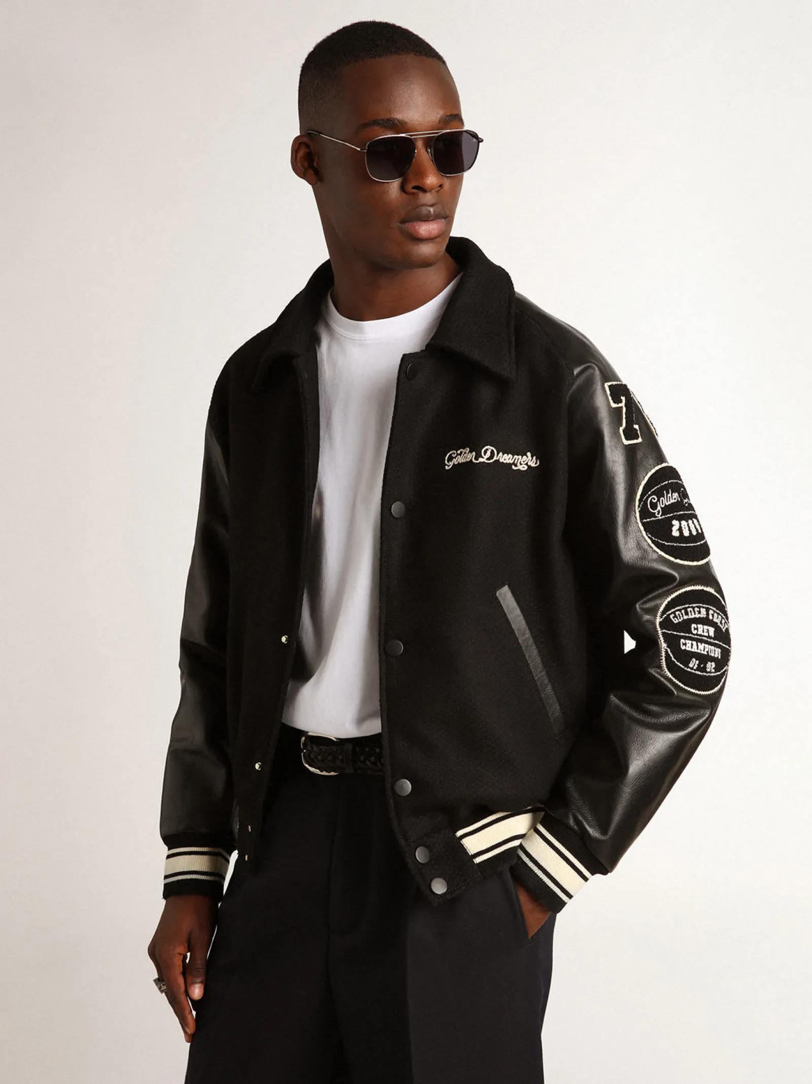 Fashion Golden Goose Jaqueta bomber de lã preta com patch Golden Collection
