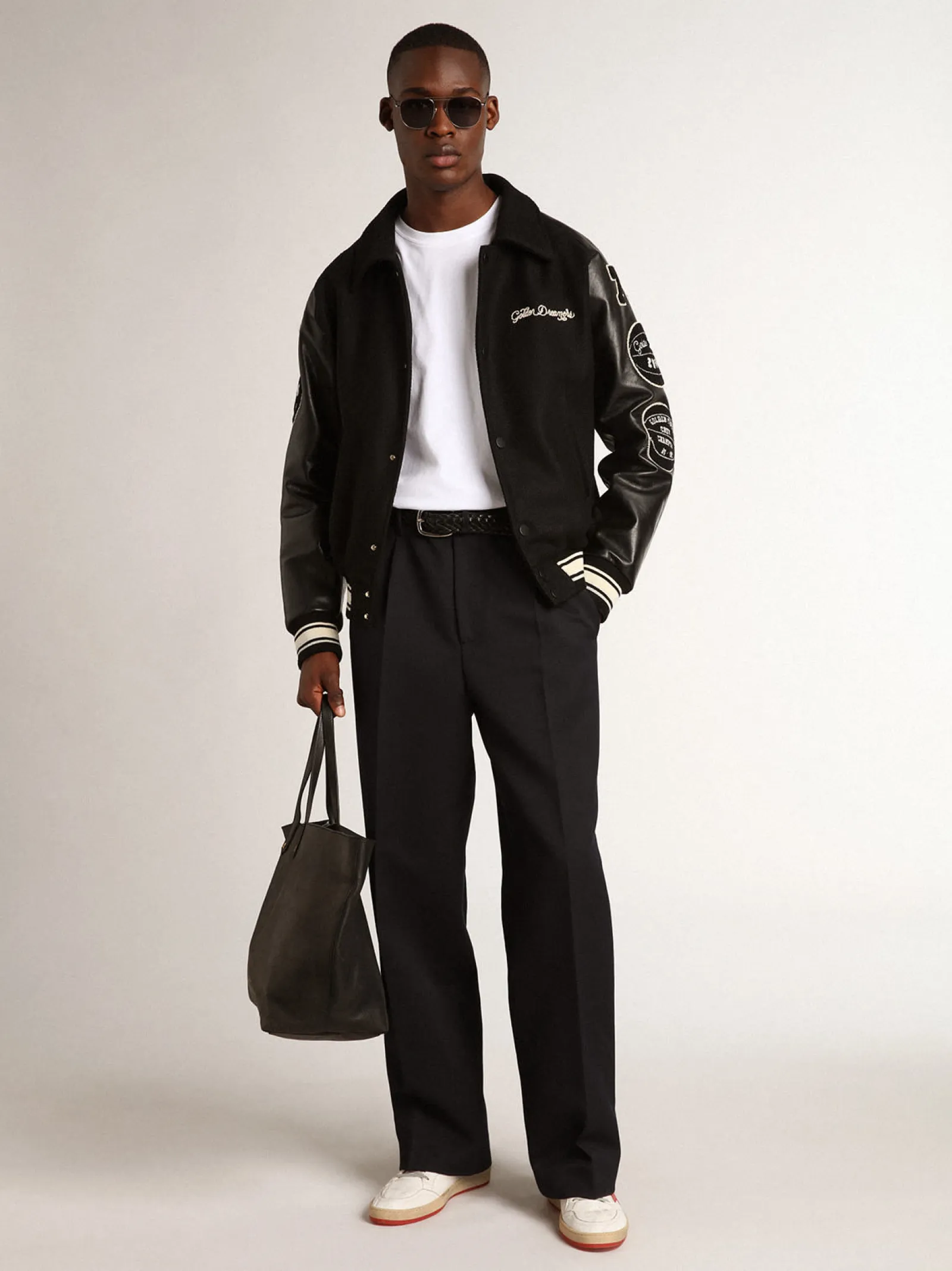 Fashion Golden Goose Jaqueta bomber de lã preta com patch Golden Collection