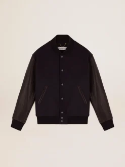 New Golden Goose Jaqueta bomber masculina de lã azul-escura e mangas de couro Cor: azul-escuro e preto