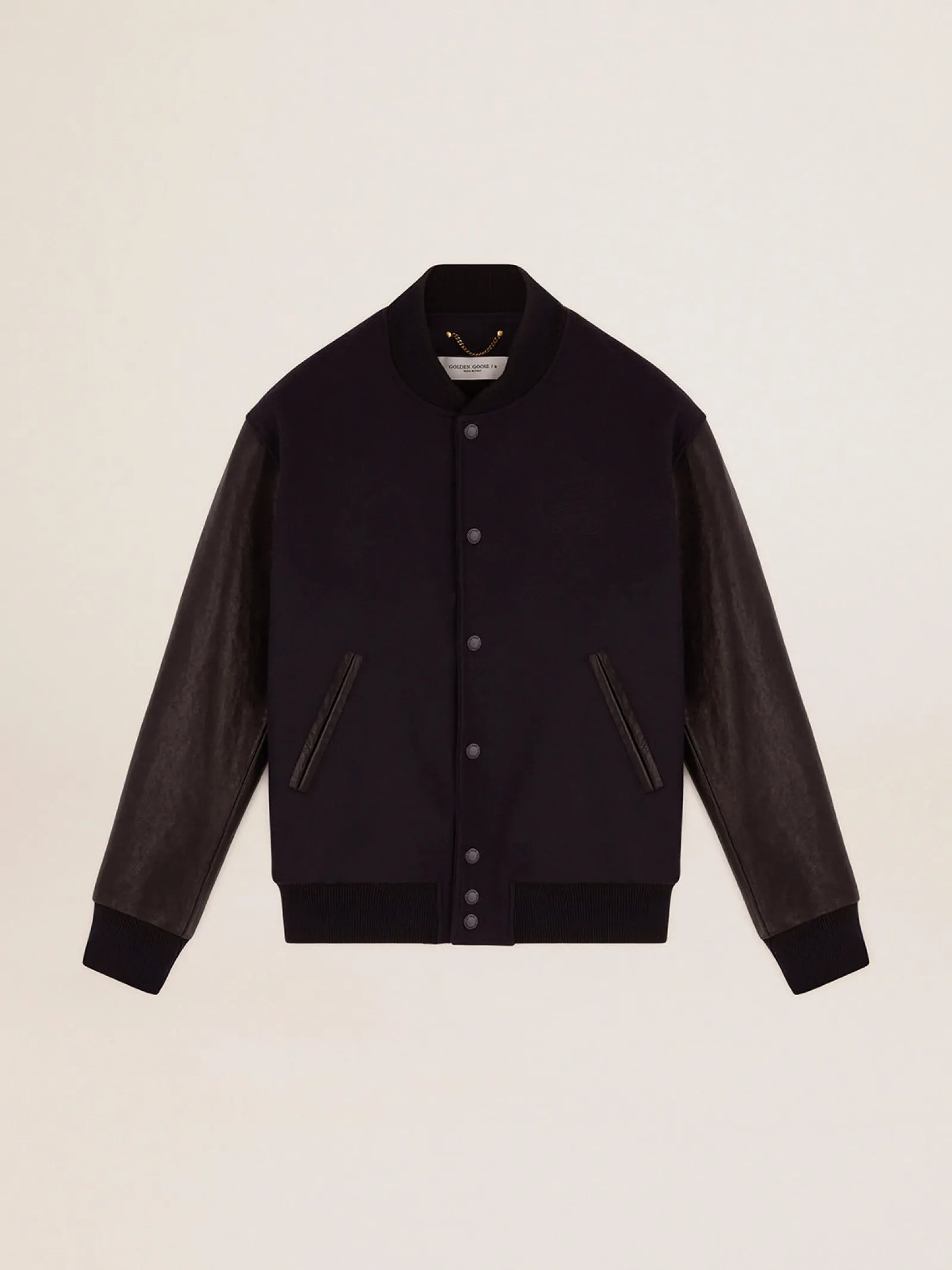 New Golden Goose Jaqueta bomber masculina de lã azul-escura e mangas de couro Cor: azul-escuro e preto