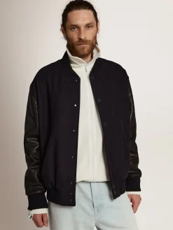 New Golden Goose Jaqueta bomber masculina de lã azul-escura e mangas de couro Cor: azul-escuro e preto
