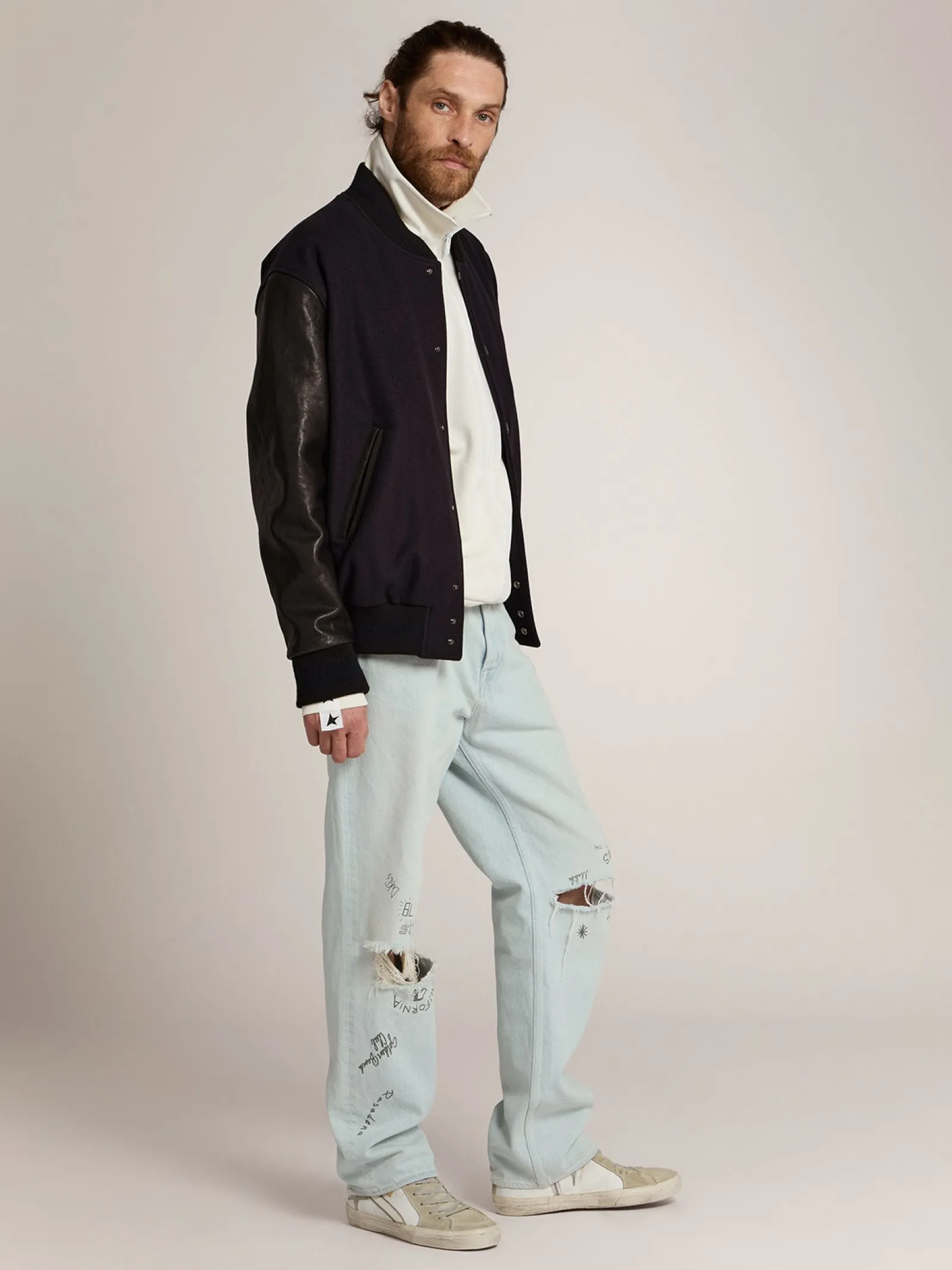New Golden Goose Jaqueta bomber masculina de lã azul-escura e mangas de couro Cor: azul-escuro e preto
