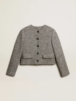 Hot Golden Goose Jaqueta boxy cropped em tecido bouclé cinza Coleção Journey