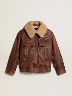Best Golden Goose Jaqueta cor de madeira com gola de shearling removível Coleção Journey