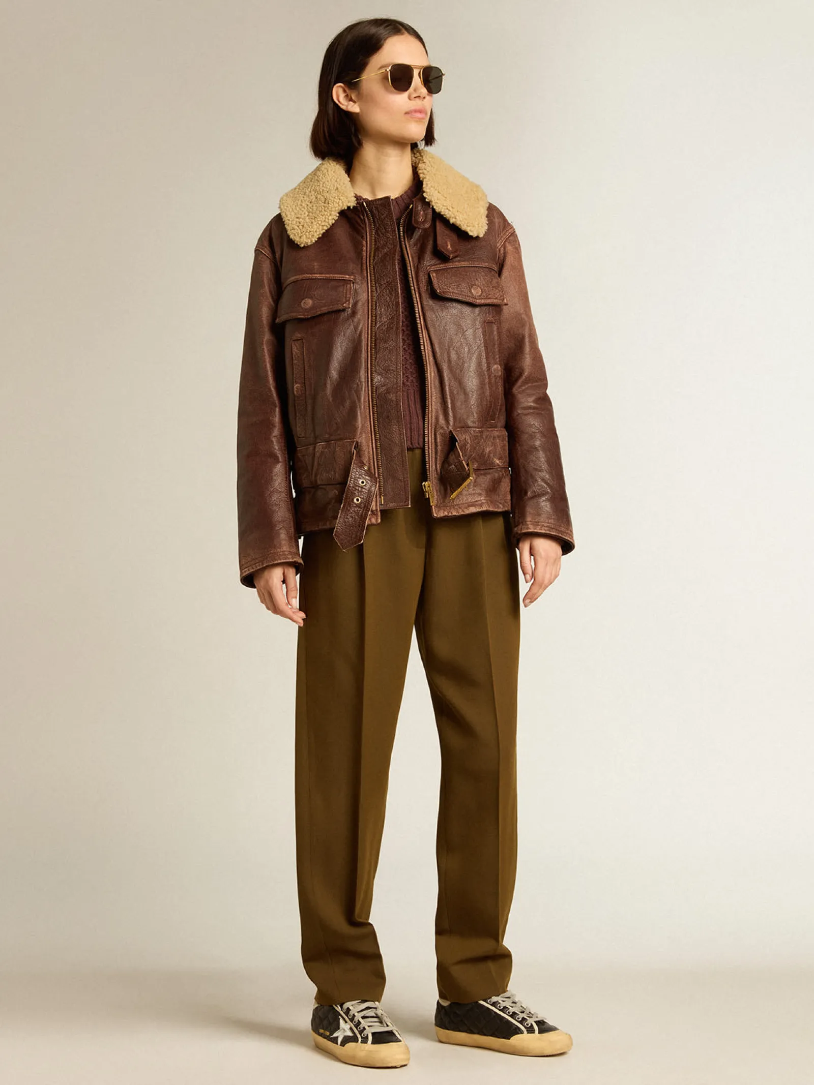 Best Golden Goose Jaqueta cor de madeira com gola de shearling removível Coleção Journey