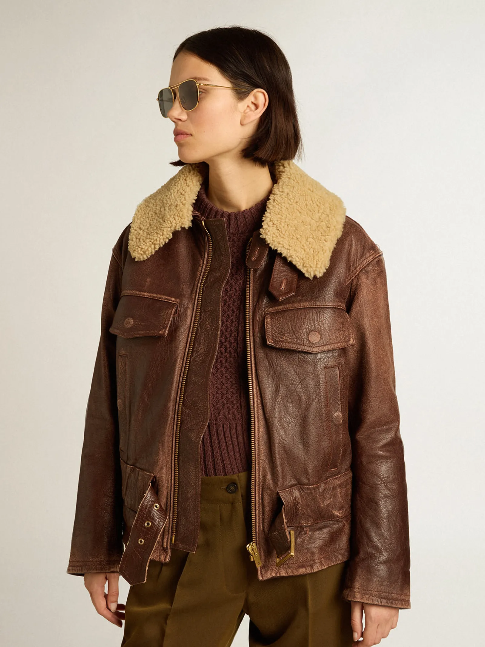 Best Golden Goose Jaqueta cor de madeira com gola de shearling removível Coleção Journey