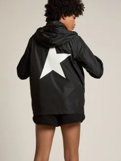 New Golden Goose Jaqueta corta-vento feminina com logo e estrela brancas em contraste Cor: preto