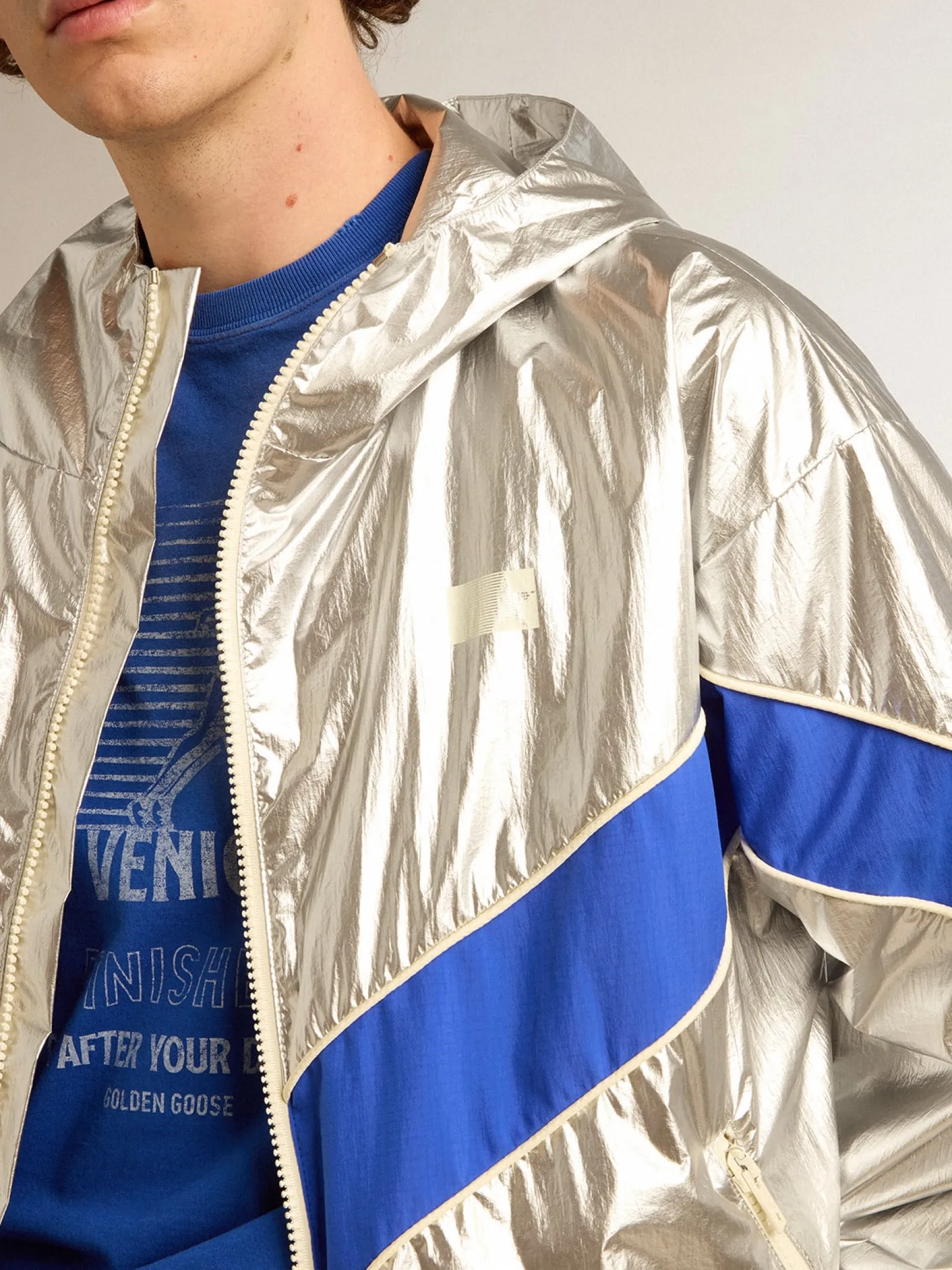 Discount Golden Goose Jaqueta corta-vento masculina de tecido técnico prateado Cor: prateado