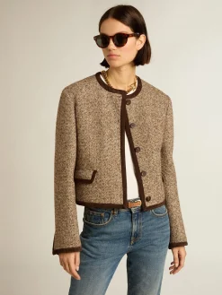Hot Golden Goose Jaqueta cropped marrom com fecho com botões Coleção Journey