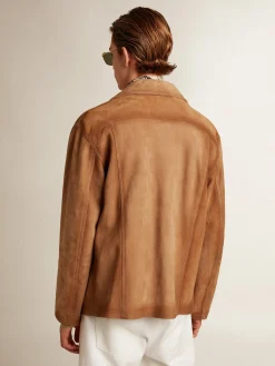 Fashion Golden Goose Jaqueta de couro cor de areia com patch e fecho com zíper Cor: areia