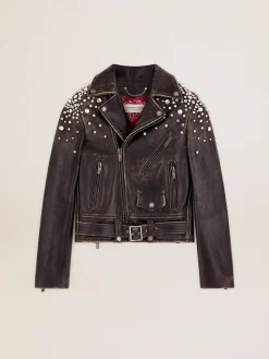 Sale Golden Goose Jaqueta de couro feminina efeito desgastado e cristais cabochão Cor: preto