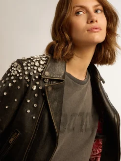Sale Golden Goose Jaqueta de couro feminina efeito desgastado e cristais cabochão Cor: preto